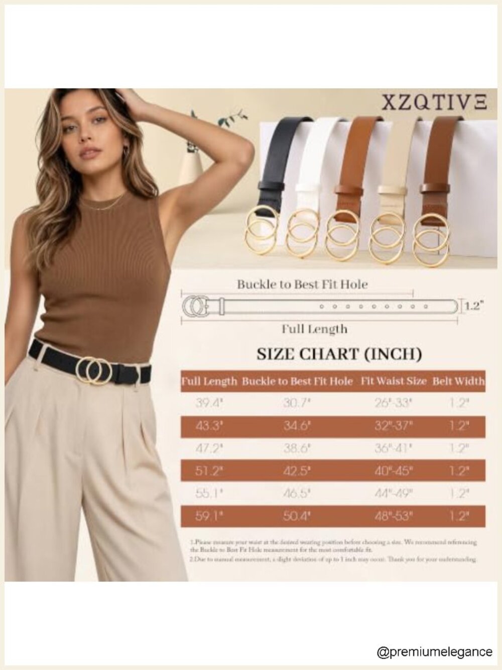 Faux Leather Belt with Double O-Ring Gold Buckle for Jeans Pants Dresses - Picture 6 of 6